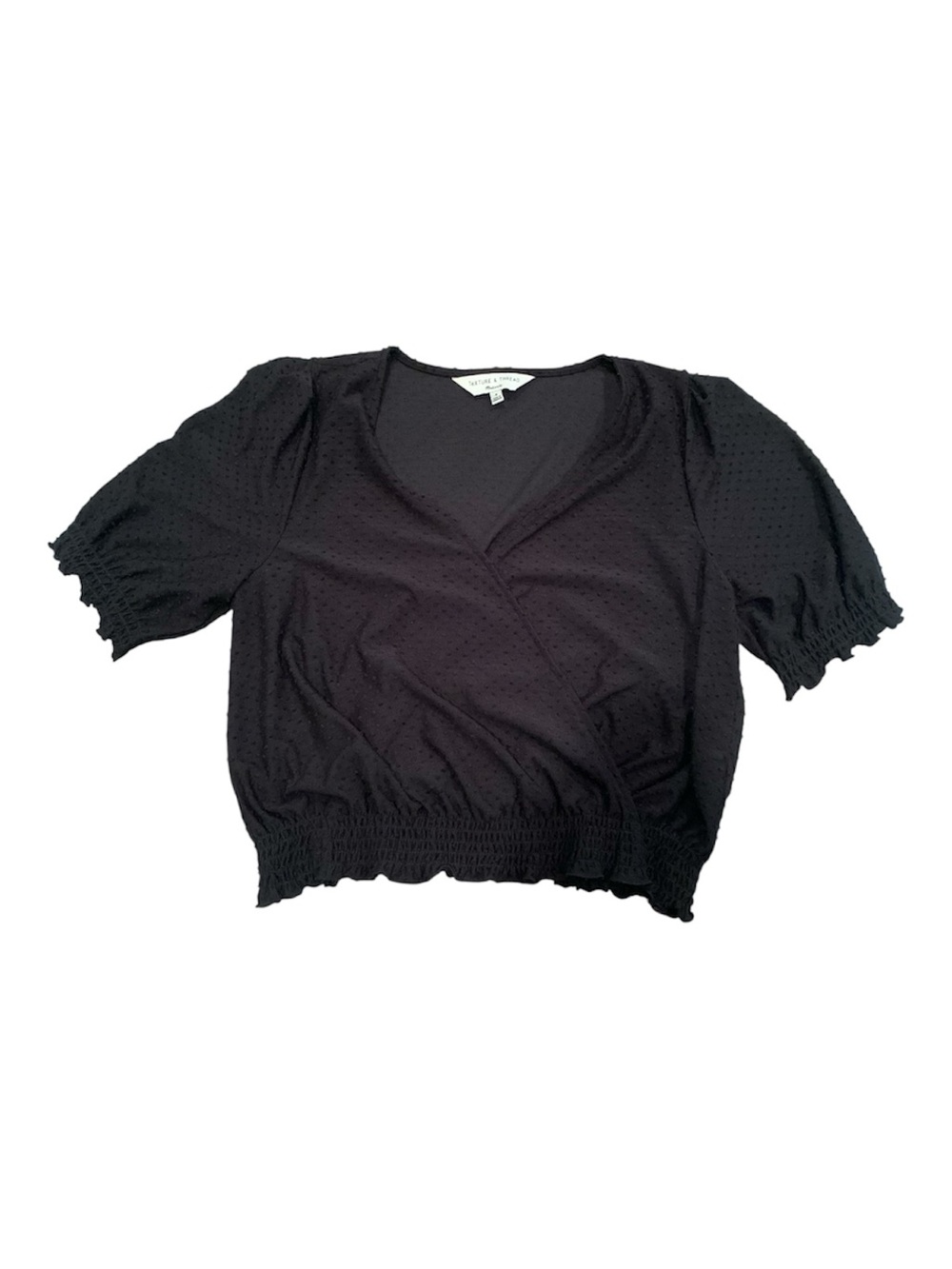 Madewell Black Puff-Sleeve Smocked Wrap Crop Top